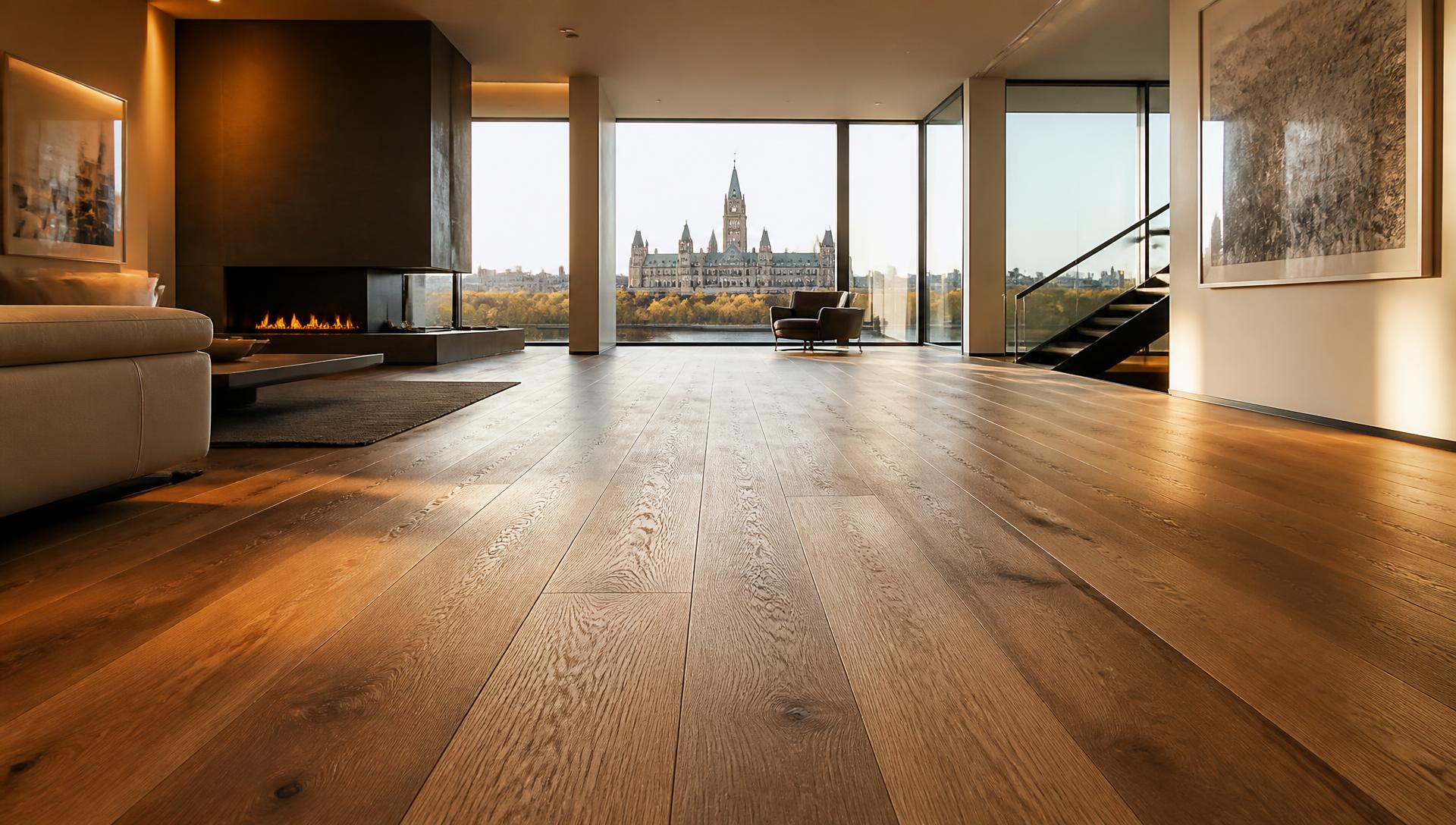 Wide-plank oak hardwood flooring in a luxury Ottawa living room at golden hour