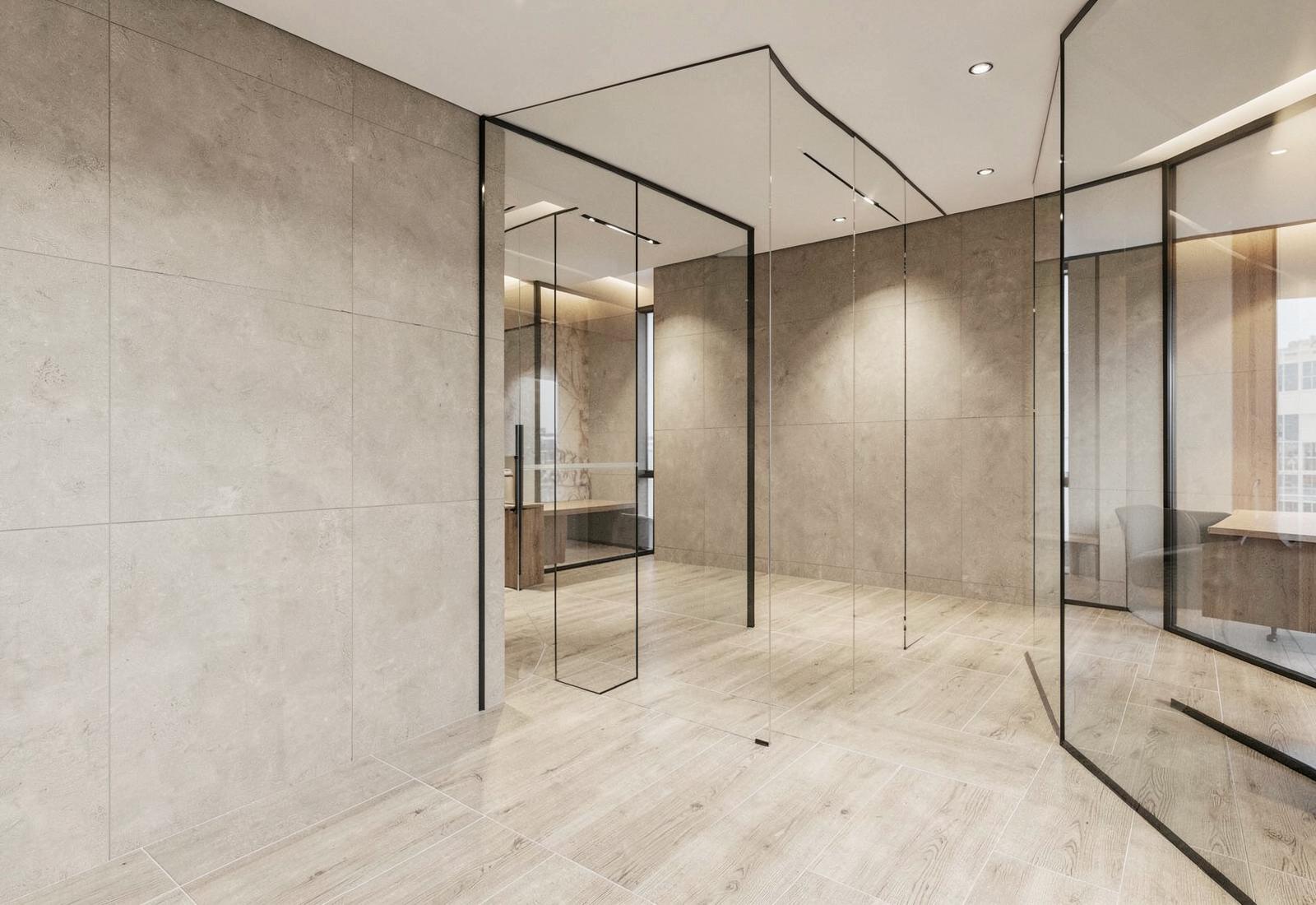 Large-format tile and plank flooring in a modern Ottawa commercial interior
